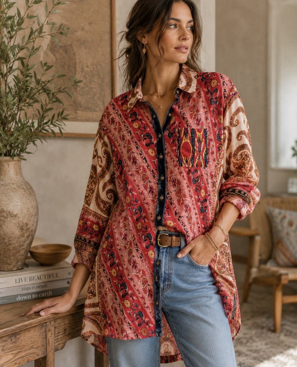 Soft Surroundings Mixed Print Boho Tunic Shirt XL Velvet Silk Trim Paisley 2AA99